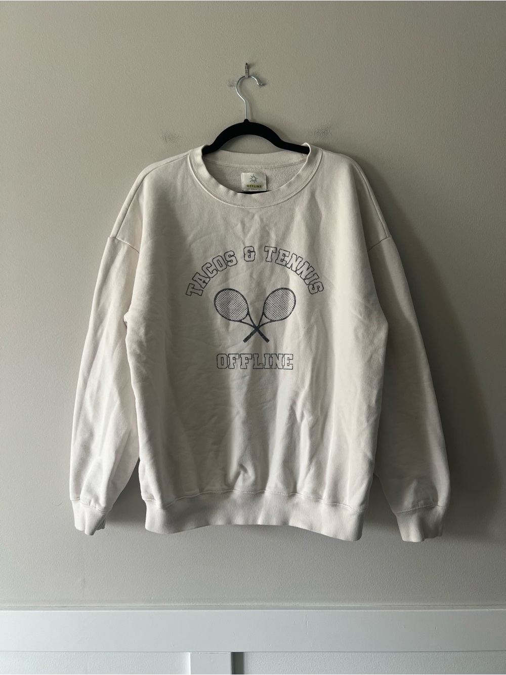 Aerie Offline Tacos & Tennis Graphic Crewneck Sweatshirt Ivory Medium